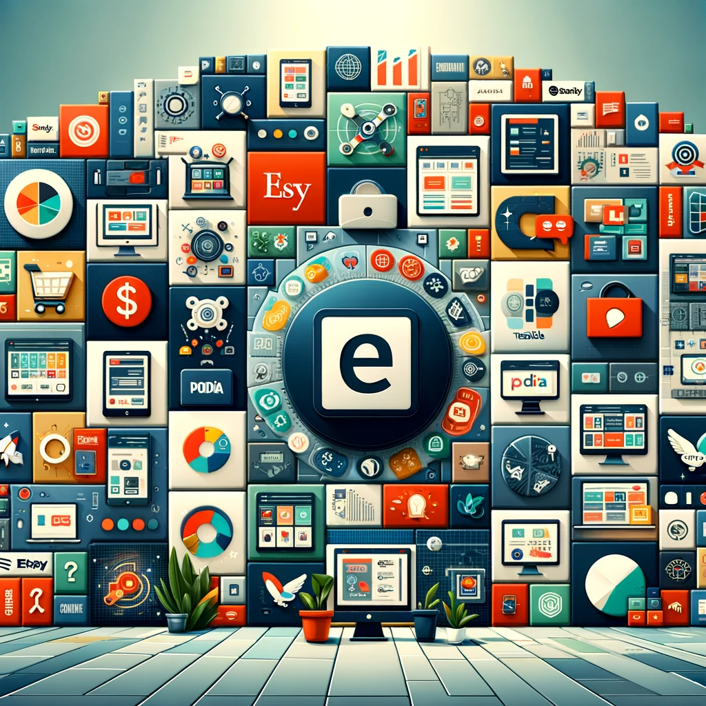 An infographic-style image showcasing a collage of various e-commerce platforms and digital marketplaces, each with a distinct logo or user interface